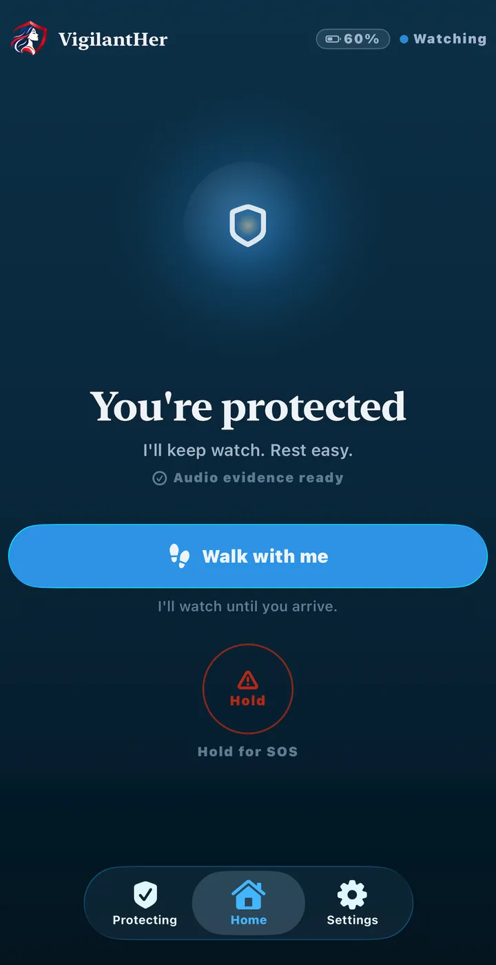 VigilantHer app home screen reading You're protected, with a Walk with me button and a Hold for SOS button