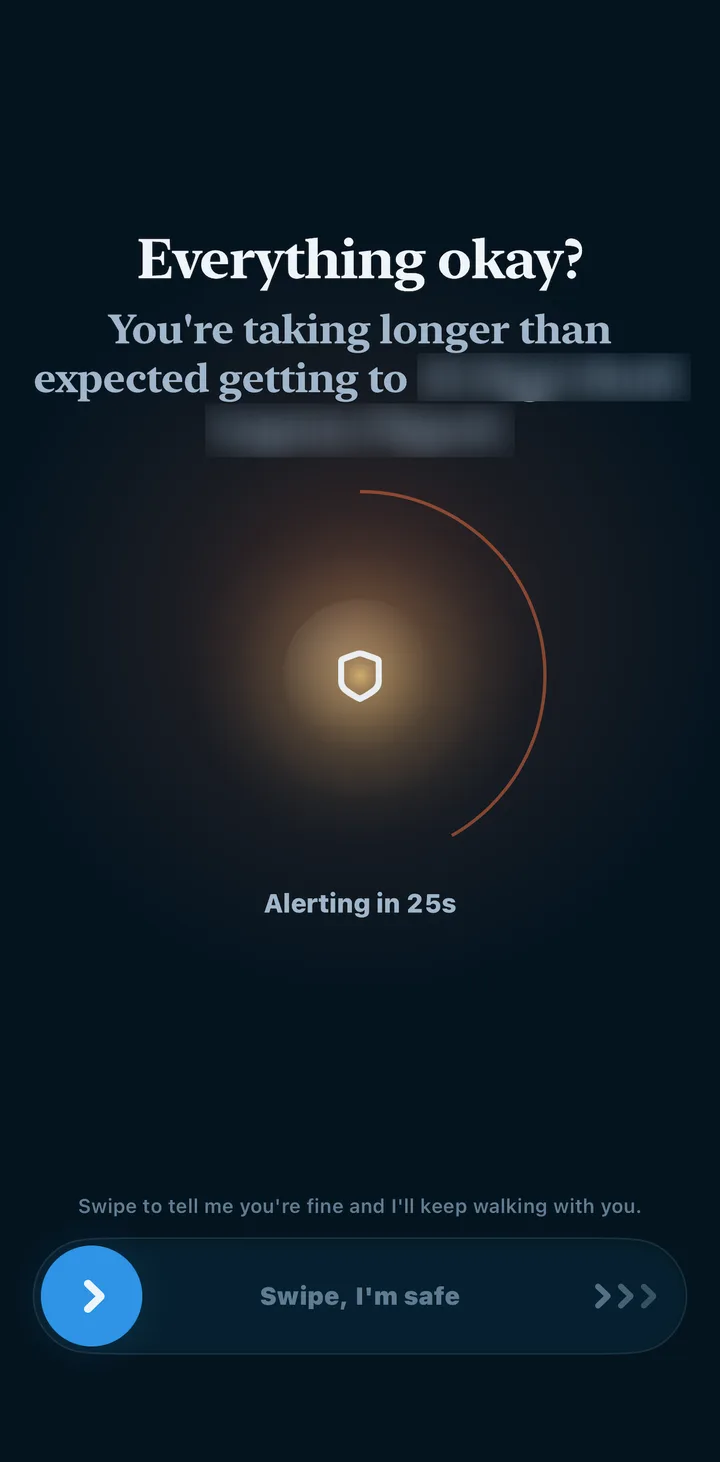 A VigilantHer Plus walk check asking Everything okay? when she's running late, with a countdown before alerting