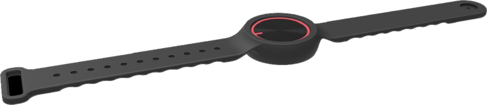 The full VigilantHer band laid flat: a soft black strap with the round SOS button in the middle